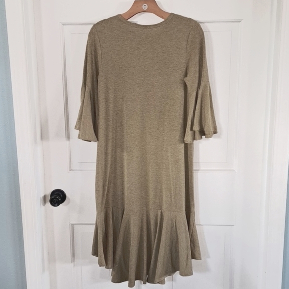 LuLaRoe Olive Green Boho Ruffle Hem Bell Sleeve Loose Fit Modest Midi Dress - Picture 10 of 10